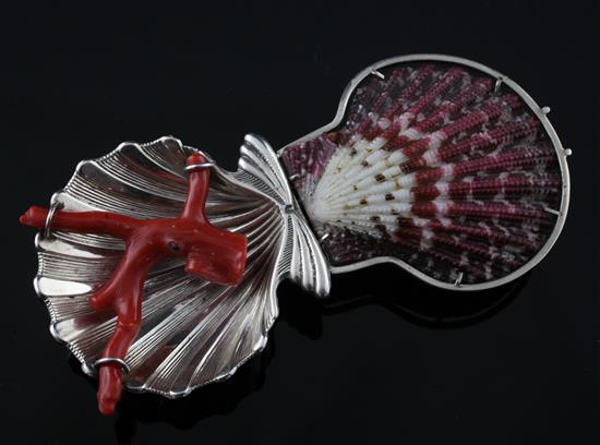 A modern Italian silver, shell and coral clip brooch modelled by M.H. Wilkens & Sohne and Clementi & Cie for Buccellati